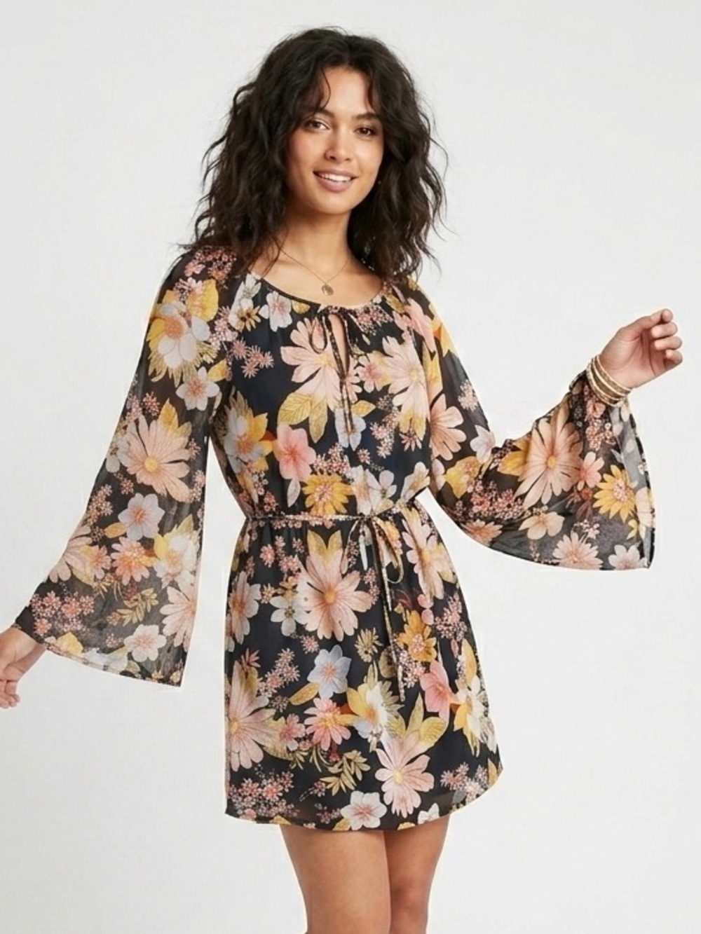 ASOS Black Floral Tie-Waist Bell Sleeve Mini Dress